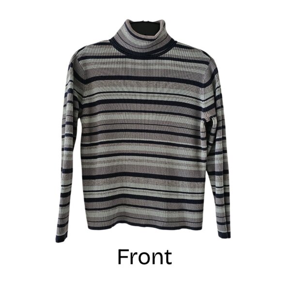 Petite Sophisticate LS Striped Ribbed Turtleneck Top | GUC | MP | Blue Gray - Picture 1 of 14